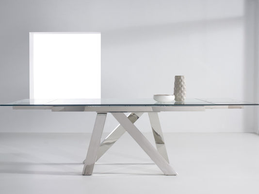 900mm Width Extensible Tempered Glass Dining Table DT-31097 With Stainless Steel Leg